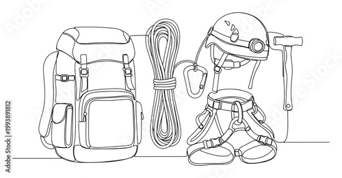 Continuous line drawing of essential mountaineering and climbing gear perfect for outdoor adventure promotions and graphics
