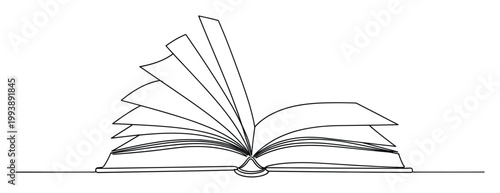 Continuous line open book with fanning pages symbolizing knowledge and learning for educational graphic design