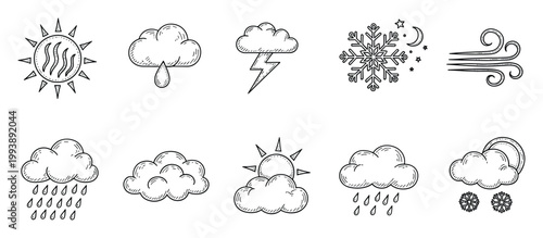 Hand drawn weather forecast icons depicting various atmospheric conditions for application interfaces and web graphics