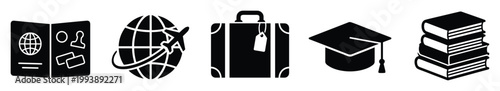 Global travel and academic education concept icons for international study programs or world exploration