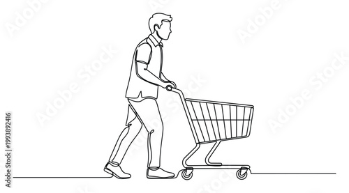 Man pushing a shopping cart in a continuous line drawing style for retail marketing and consumer service promotions