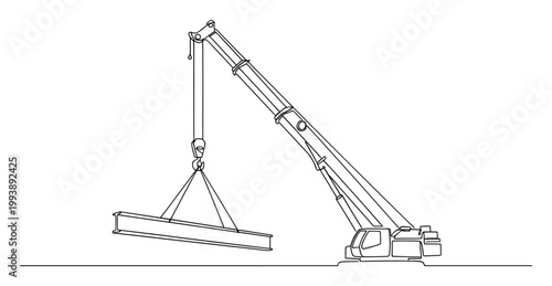 Mobile crane lifting heavy steel Ibeam for construction project at building site engineering concept