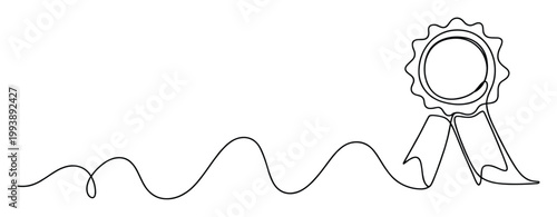 Continuous line drawing of an award badge with a wavy ribbon, symbolizing achievement and quality for presentations.