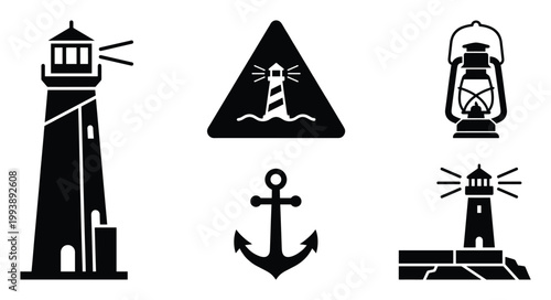 Selection of lighthouses, a marine warning sign, a lantern, and an anchor for oceanic graphic information