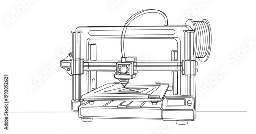 Continuous line drawing of a modern 3D printer extruding material onto a build plate, perfect for technology and engineering concepts