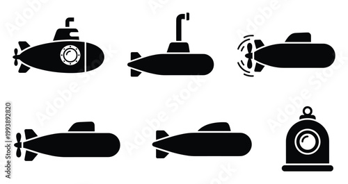 Collection of simple black submarine icons for underwater exploration and military web graphic applications