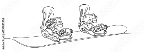 Snowboard with bindings minimalist line drawing for winter sports equipment and activity themed designs