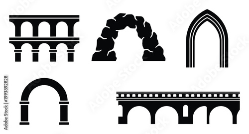 Architectural arch and aqueduct silhouettes depicting various structural designs for historical and building projects