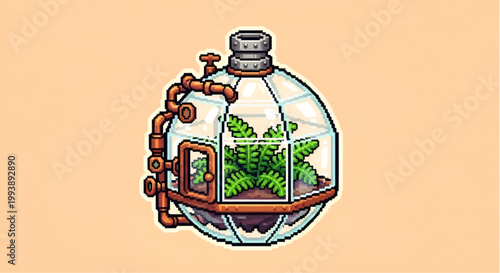 Steampunk Terrarium in Glass Bottle with Industrial Pipes and Green Ferns