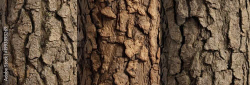 Close-up of tree bark showing textured, weathered details. Brown and gray hues create a natural pattern