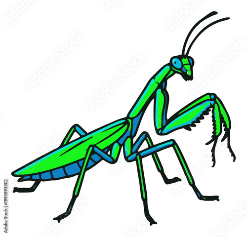 Praying mantis with neon accents vector illustration. Generative AI