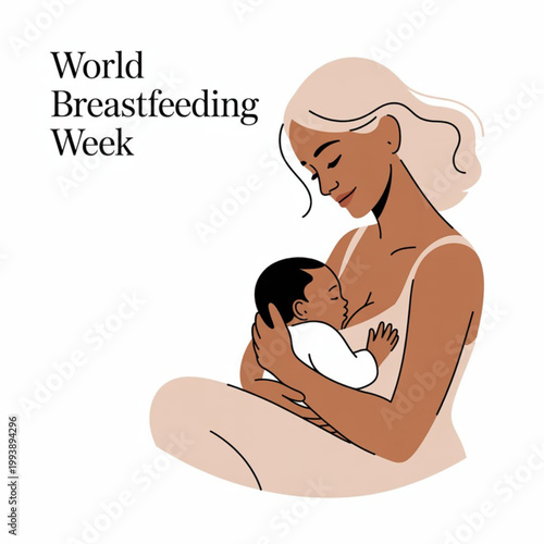 A mother breastfeeding her baby in a tender moment, celebrating World Breastfeeding Week with a vector illustration