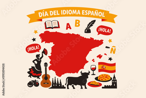 World Spanish Language Day Spain Map Vector Illustration