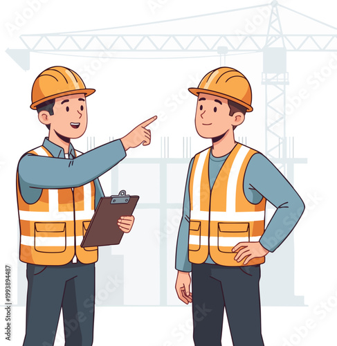 Cartoon vector illustration of a construction site supervisor managing and monitoring building projects. Suitable for engineering, construction, and project management concepts.