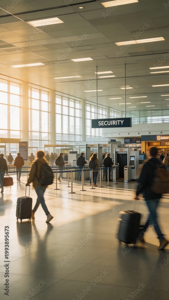 Fototapeta premium A bustling airport terminal with travelers walking towards the security checkpoint, carrying luggage and navigating through a modern and brightly lit interior with large windows and a high ceiling.