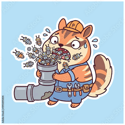 Cartoon Raccoon Plumber Overwhelmed by Swarm of Termites.