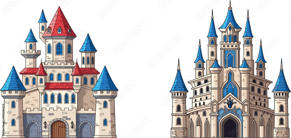 Obraz premium Fantasy castle vector set featuring 2 fairytale palaces with blue spires and stone towers in a flat cartoon style for gaming and storybooks.