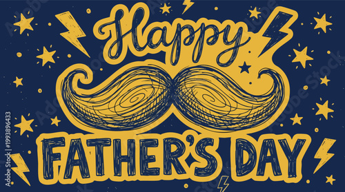 Vibrant yellow and navy blue comic book style greeting card featuring a large hand-drawn mustache for Happy Father's Day.