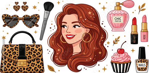 Fashion and beauty vector kit featuring glamorous woman portrait with leopard print handbag heart sunglasses perfume and lipstick in a flat style