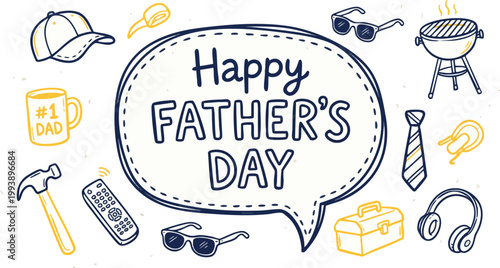 Hand-drawn Father's Day greeting card featuring a central speech bubble surrounded by dad-themed doodles like a grill, tie, and hammer.