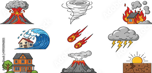 Photos Natural disaster vector icon set featuring 9 catastrophic events including volca
