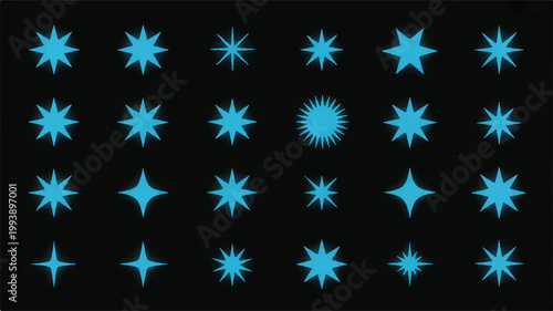 A vibrant collection of glow-in-the-dark blue stars scattered across a dark night sky with a large central star shining brightly