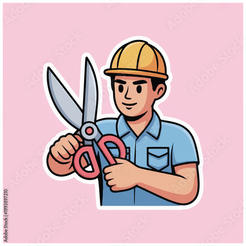 Construction worker holding large scissors ready to cut.