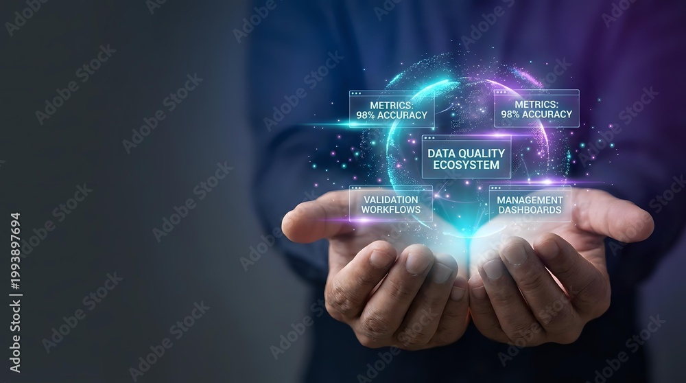 Fototapeta premium Businessman hands presenting holographic data quality ecosystem with glowing digital interface elements for technology presentations and business concepts.