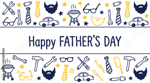 Happy Father's Day horizontal banner with hand-drawn blue and yellow doodles of tools, ties, cars, and beards on a white background.