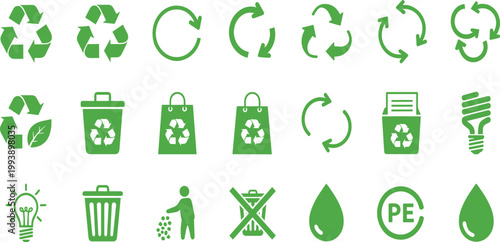 Recycling symbol vector icon set featuring 21 green eco-friendly signs including Möbius loop trash bin reusable bag and energy saving bulb