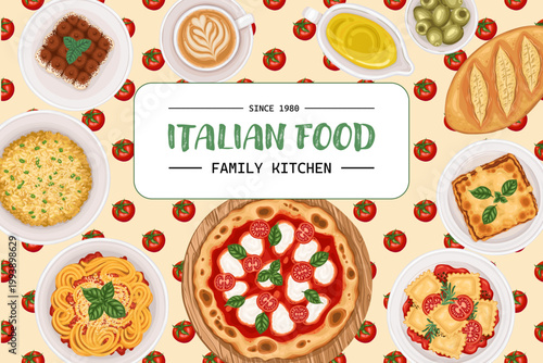 Italian food background with pizza and spaghetti top view. Rectangular vector hand drawn illustration for cafe menu and restaurant template. Cartoon ravioli and lasagna for product packaging design.