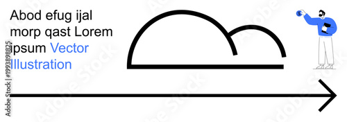 Technology, progress, creativity, conceptual design, business planning, minimalism. Bold cloud outline, straight arrow and minimal character holding a globe. Technology and progress concepts