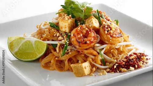 Delicious stir fried noodles are beautifully piled on a white plate with juicy cooked shrimp and square golden tofu pieces. Fresh green herbs crown the warm dish while a bright lime