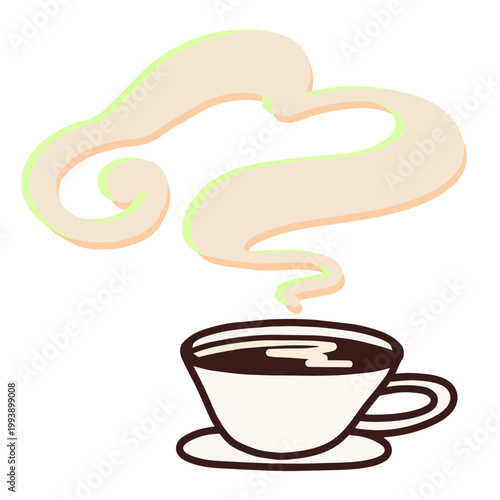 Cute hand-drawn coffee cup with big swirling steam illustration, cozy cafe aroma clipart on white background
