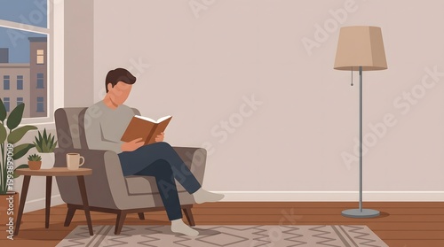 Quiet Reflection: An individual is absorbed in a book, nestled comfortably in an armchair, the scene conveys tranquility, focus, and the joy of reading.