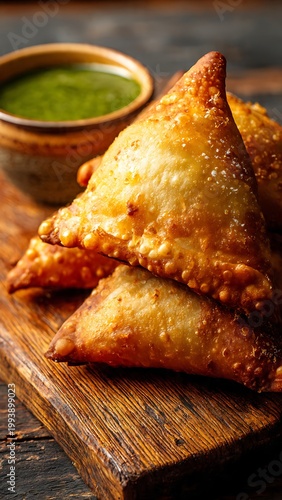 A small stack of deep fried golden samosas rests on a wooden board next to a small bowl of green dipping sauce. The triangular pastry features a beautifully blistered crust. Warm soft