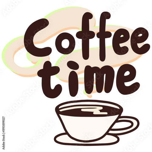Cute hand-drawn coffee time lettering illustration with coffee cup and steam, cafe text clipart on white background