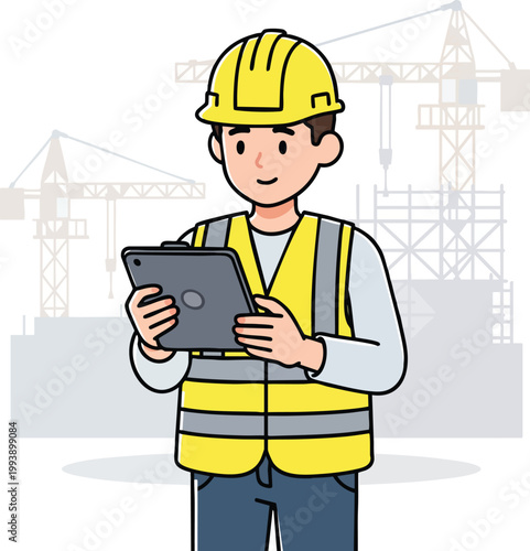 An attentive construction professional efficiently manages projects and conducts site inspections with a digital tablet, embodying modern engineering and safety practices