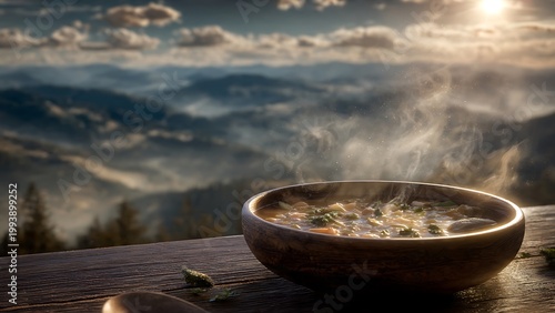 A wooden bowl of hot thick stew sits on a wooden table emitting heavy white steam. The warm meal overlooks a vast mountain landscape shrouded in morning fog under a bright sky. Beautiful