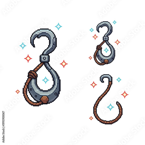 Pixel art illustration showcasing three metallic hooks with rope details, surrounded by colorful sparkles and isolated on a white background.