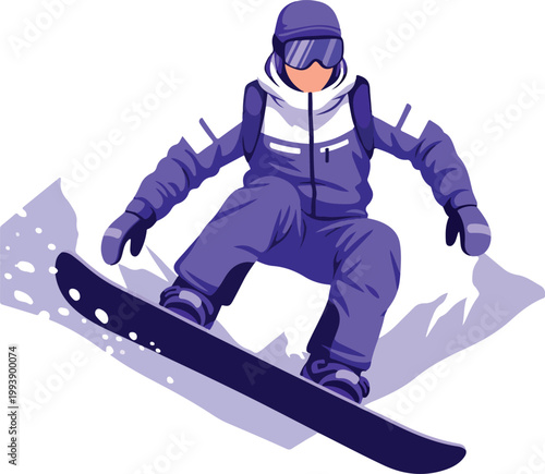 Suitable for winter sports, action, and adventure themed designs. A cartoon snowboarder in purple gear rides down a snowy slope, conveying a sense of excitement and thrill.