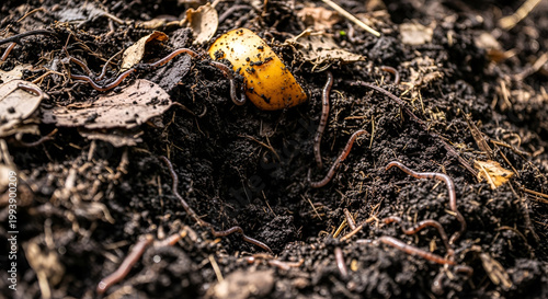 Earthworms wriggling in rich soil and compost feeding on decaying organic matter enriching garden beds and aiding decomposition in vermicomposting