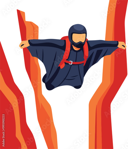 A cartoon skydiver in freefall with red and orange flames