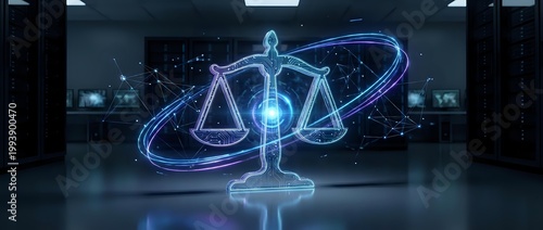 Futuristic holographic justice scales with glowing blue light effects in modern digital courtroom environment for legal technology concepts.