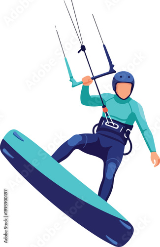 A kitesurfer in action on a dark background with a board