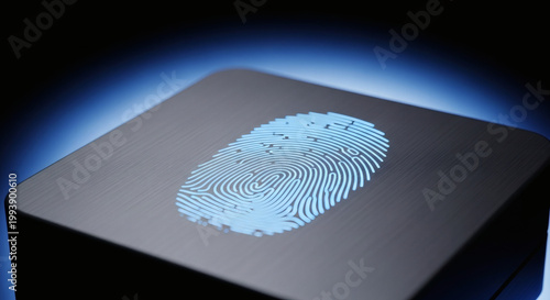 Luminous blue fingerprint on a sleek dark device, illustrating advanced biometric security, personal identification, and modern access control technology for digital protection
