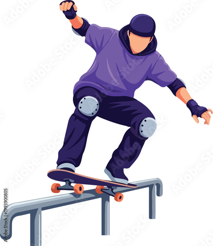 A skateboarder performing a trick on a rail in a dynamic pose
