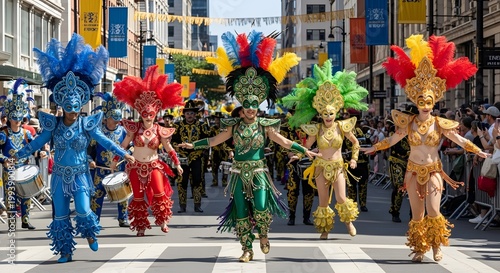 A vibrant Cinco de Mayo parade with colorful dancers and drummers marching down a city street