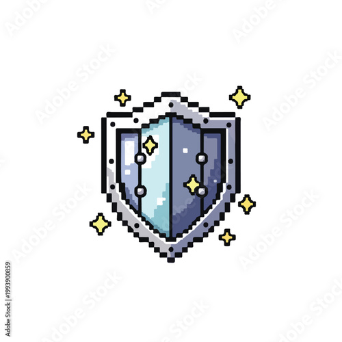 Εκτύπωση καμβά A pixel art style illustration of a gleaming silver metallic shield with decorative yellow stars and sparkles, isolated on a white background