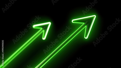 Green glowing arrows pointing diagonally up representing progress, growth, success, and positive financial trend